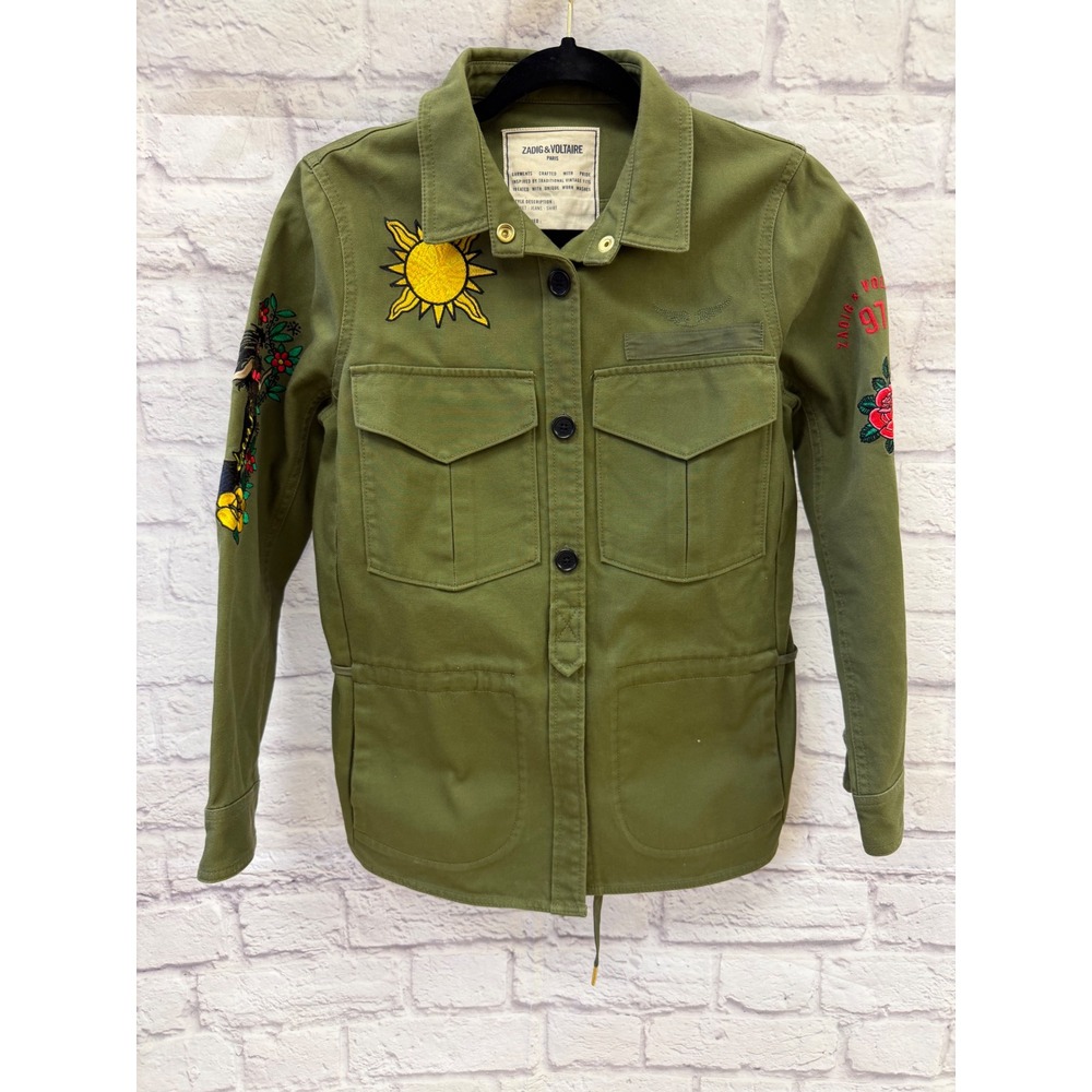 Zadig & Voltaire Tackl Tattoo Jacket Military XS Green EUC Patch Utility Luxury